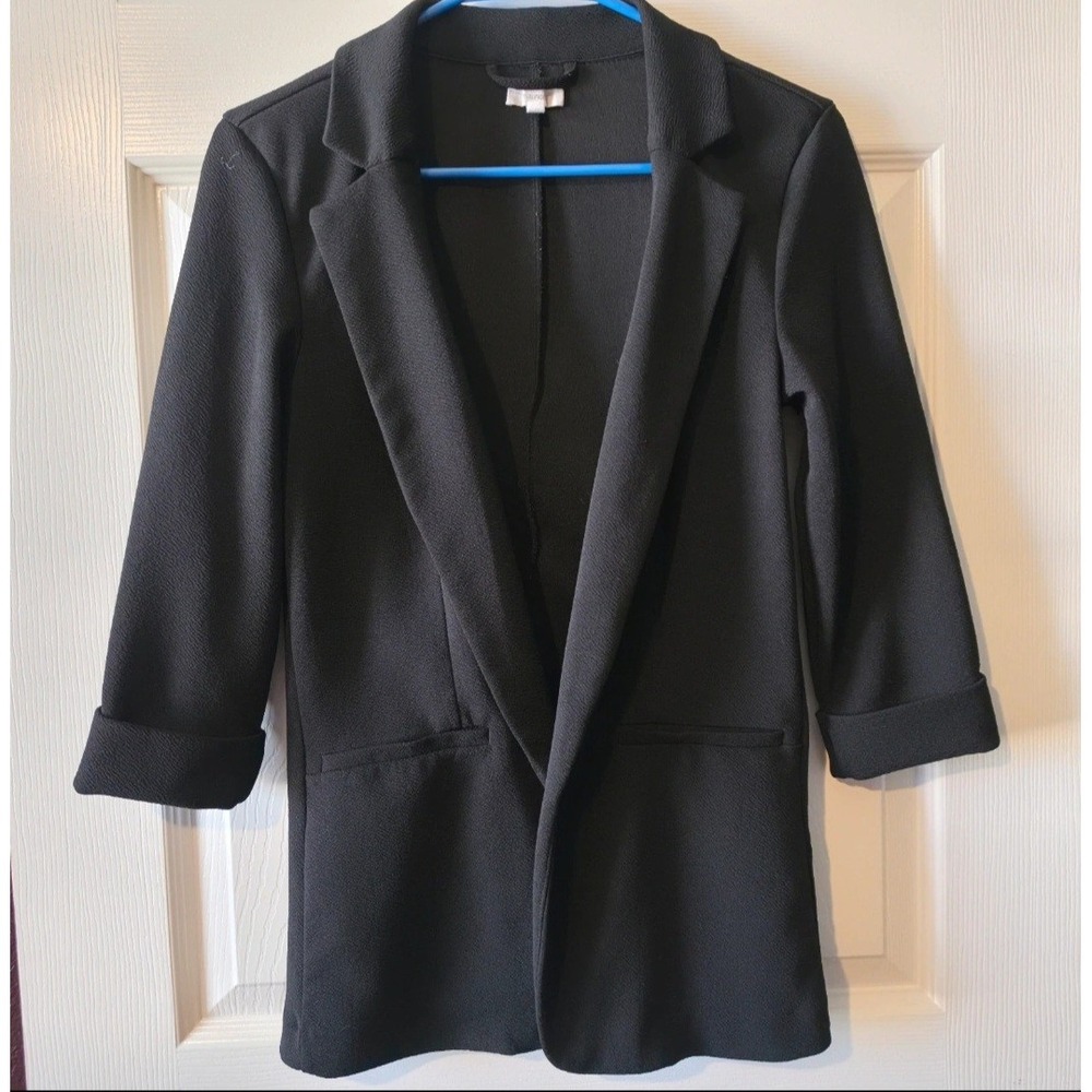 Maurices Womens Black Textured Crepe Open Front Blazer 3/4 Sleeve Size XS